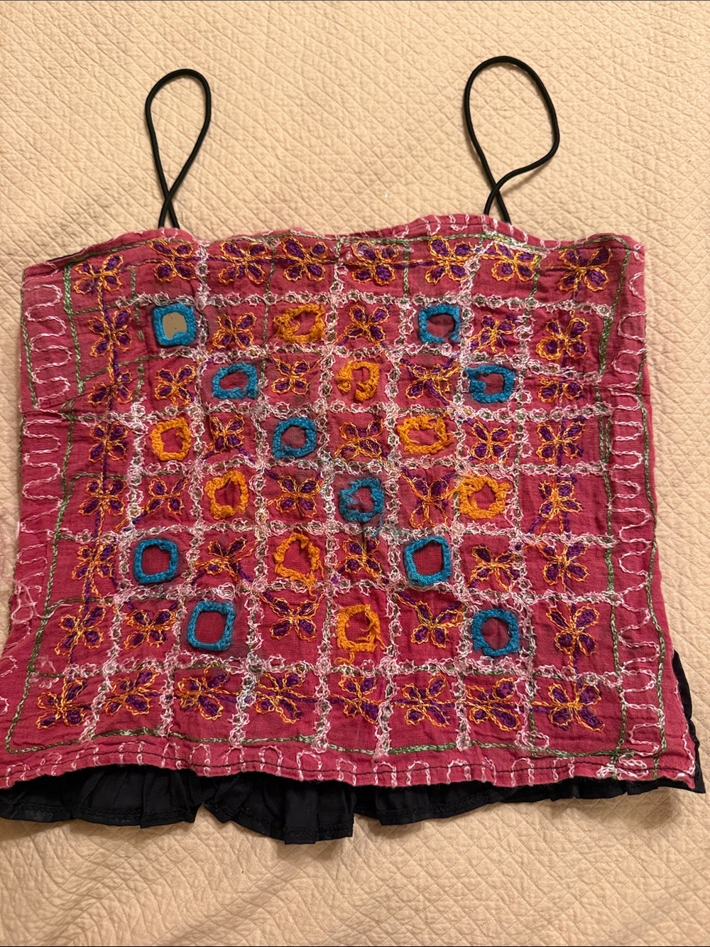 Embroidered Pink Boho Spaghetti Strap Tank Top